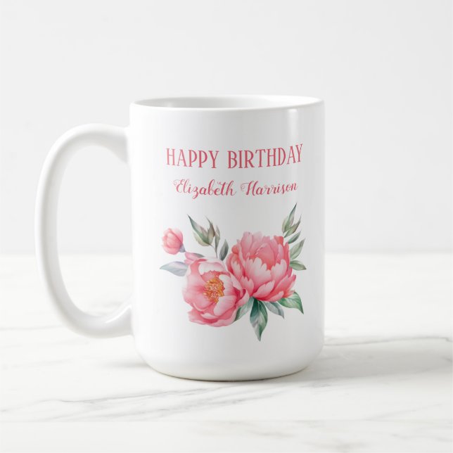 Elegant Pink Peony Botanical Birthday  Coffee Mug (Left)