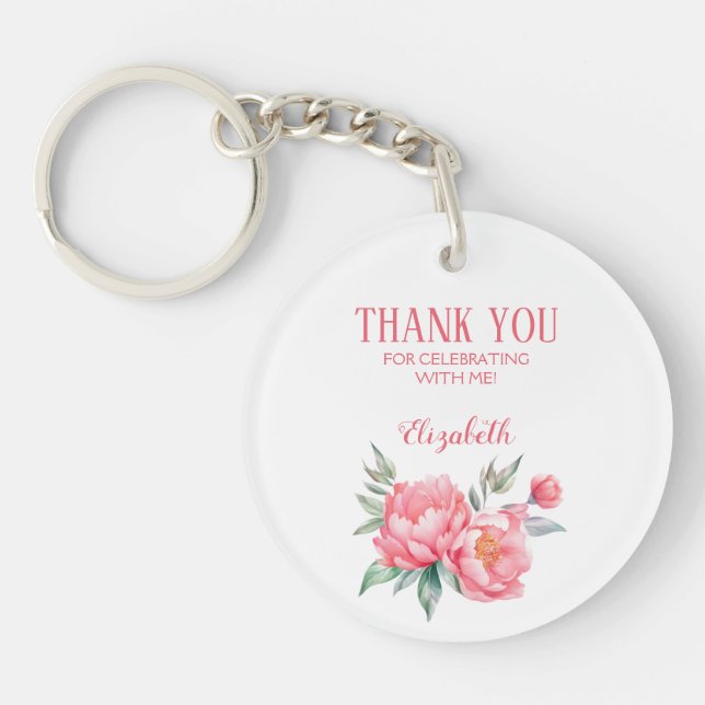 Elegant Pink Peony Botanical Brunch Birthday  Key Ring (Front)