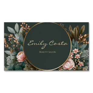 Elegant Pink Peony Botanical Dark Teal Gold Circle Magnetic Business Card