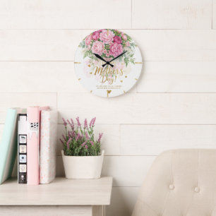 Elegant Pink Peony Bouquet Happy Mother’s Day Large Clock