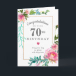 Elegant Pink Peony Floral 70th Birthday Card<br><div class="desc">Congratulate a very special person on their 70th birthday with a pink peony floral design. Elegant and chic the peonies with delicate green and turquoise botanical elements decorate a thin gold frame. All of the text can be edited,  so you can customise a very personal and meaningful message.</div>