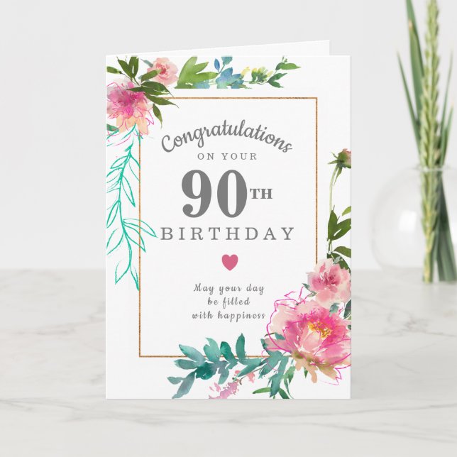 Elegant Pink Peony Floral 90th Birthday Card (Front)