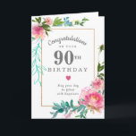 Elegant Pink Peony Floral 90th Birthday Card<br><div class="desc">Congratulate a very special person on their 90th birthday with a pink peony floral design. Elegant and chic the peonies with delicate green and turquoise botanical elements decorate a thin gold frame. All of the text can be edited,  so you can customise a very personal and meaningful message.</div>
