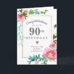 Elegant Pink Peony Floral 90th Birthday Card<br><div class="desc">Congratulate a very special person on their 90th birthday with a pink peony floral design. Elegant and chic the peonies with delicate green and turquoise botanical elements decorate a thin gold frame. All of the text can be edited,  so you can customise a very personal and meaningful message.</div>