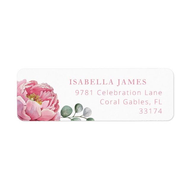 Elegant Pink Peony Floral and Greenery Return Addr Address Label (Front)