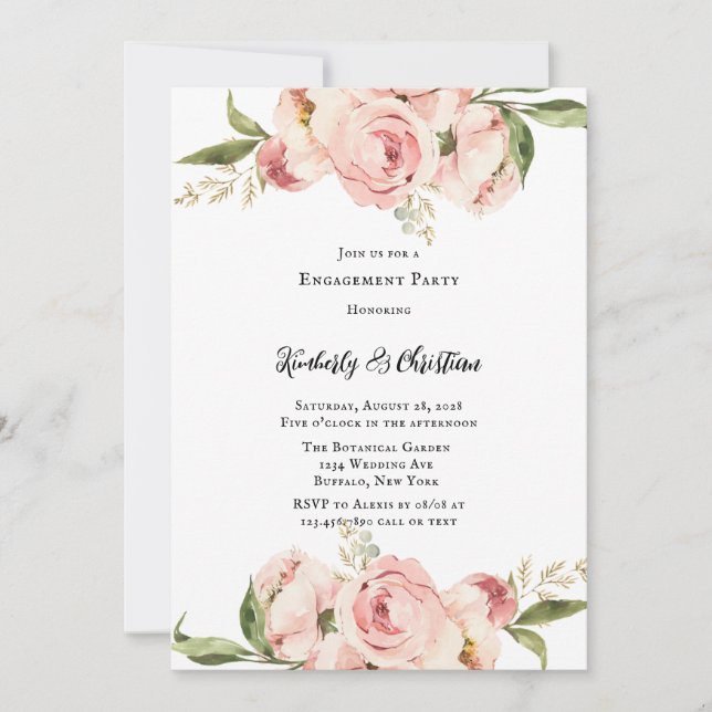 Elegant Pink Peony Floral Engagement Party Invitation (Front)