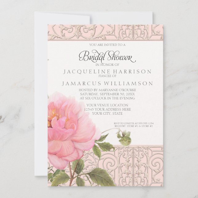 Elegant Pink Peony Floral w Greenery Bridal Shower Invitation (Front)