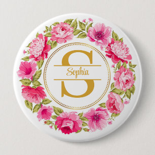 Elegant Pink Peony Floral Wreath Gold Monogram 10 Cm Round Badge