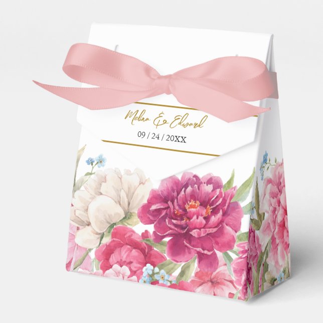 Elegant Pink Peony Florals Wedding Favour Box (Front Side)