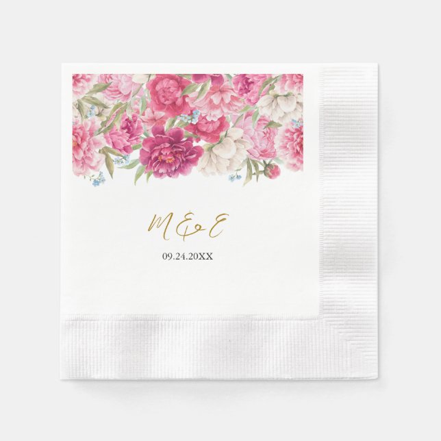 Elegant Pink Peony Florals Wedding Napkins (Front)