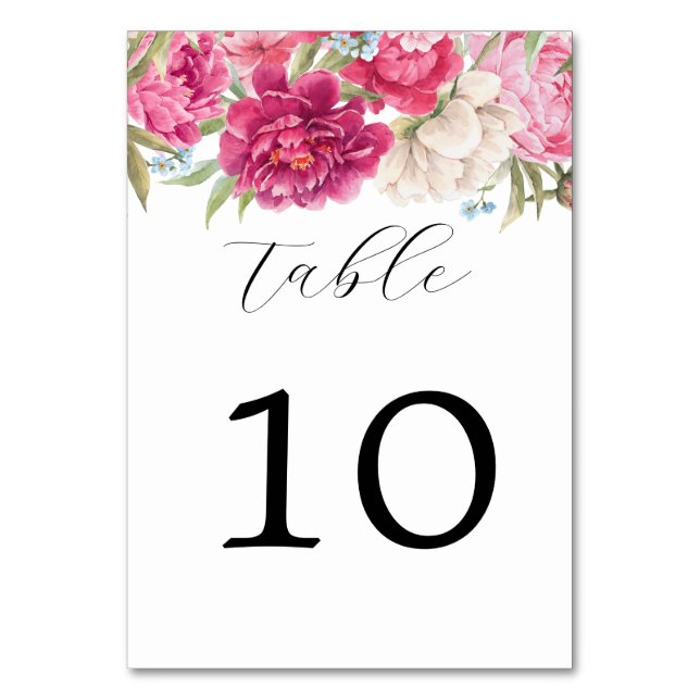 Elegant Pink Peony Florals Wedding Table Number (Front)