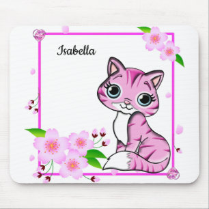 Elegant Pink Peony Flower And Cute Pink Cat Mouse Pad