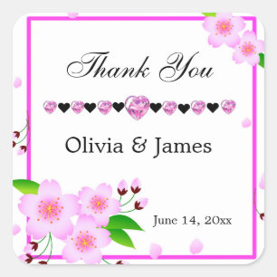 Elegant Pink Peony Flower Wedding Thank You Square Sticker