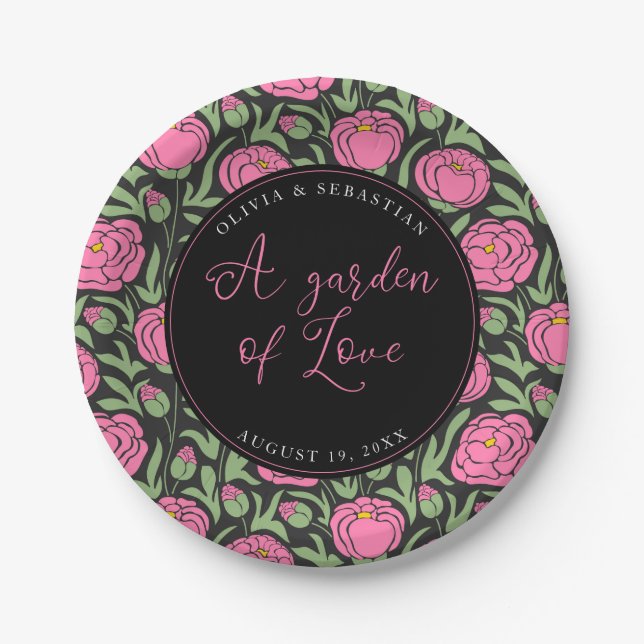 Elegant Pink Peony Flowers Wedding Paper Plate (Front)