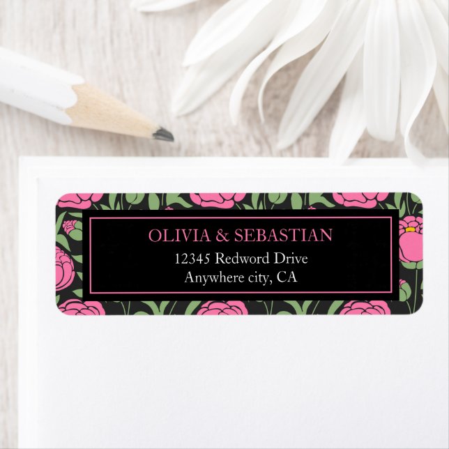 Elegant Pink Peony Flowers Wedding Return Address  Label (Insitu)