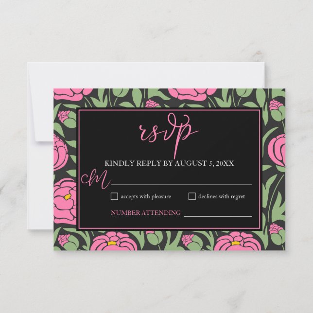 Elegant Pink Peony Flowers Wedding RSVP Card (Front)