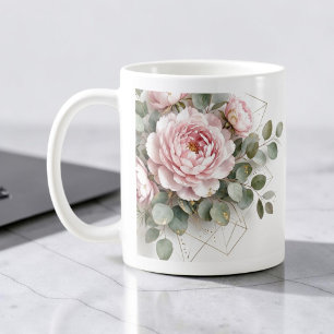 Elegant Pink Peony Gold Geometric Coffee Mug