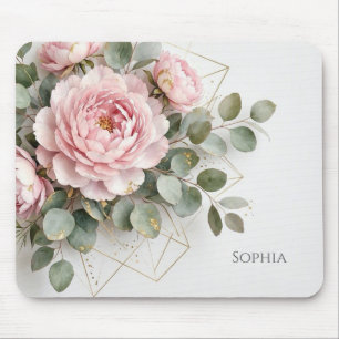Elegant Pink Peony Gold Geometric Custom Name Mouse Pad