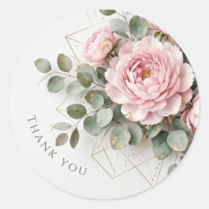 Elegant Pink Peony Gold Geometric Thank You Classic Round Sticker