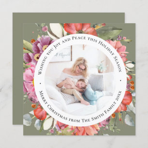 Elegant Pink Peony Modern Script Watercolor Floral Holiday Card