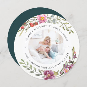 Elegant Pink Peony Modern Script Watercolor Floral Holiday Card