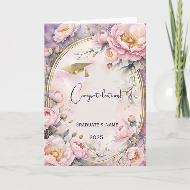Elegant Pink Peony Oval Frame Graduation Card (Front)