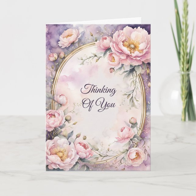 Elegant Pink Peony Oval Frame Thinking of You Card (Front)