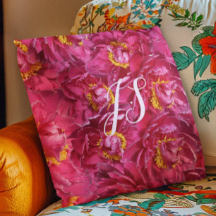 Elegant Pink Peony Stylish Calligraphy Monogram Cushion