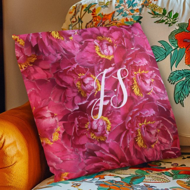 Elegant Pink Peony Stylish Calligraphy Monogram Cushion (Creator Uploaded)