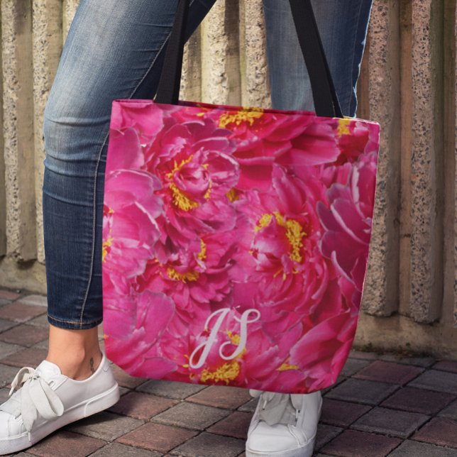 Elegant Pink Peony Stylish Calligraphy Monogram Tote Bag (Creator Uploaded)