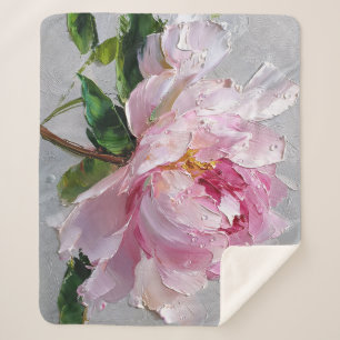 Elegant Pink Peony Thick Impasto Oil Painting Sherpa Blanket