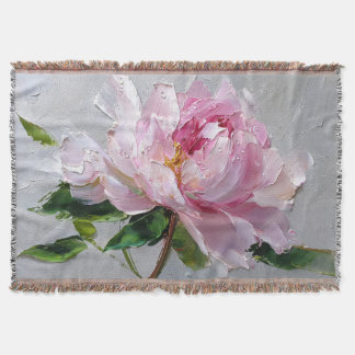 Elegant Pink Peony Thick Impasto Oil Painting  Throw Blanket