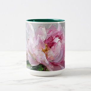 Elegant Pink Peony Thick Impasto Oil Painting  Two-Tone Coffee Mug