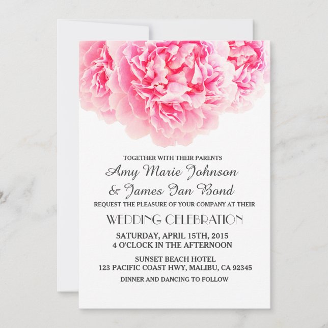 Elegant pink peony wedding invitations peony3 (Front)