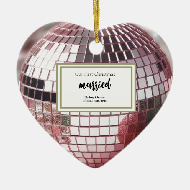 Elegant Pink Personalised First Christmas Newlywed Ceramic Ornament (Front)
