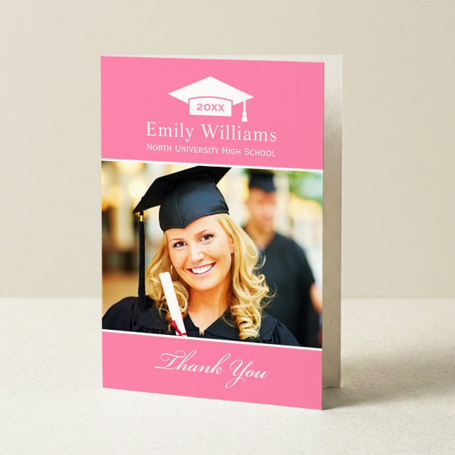 Elegant Pink Personalised Graduation Photo Thank You Card (Creator Uploaded)