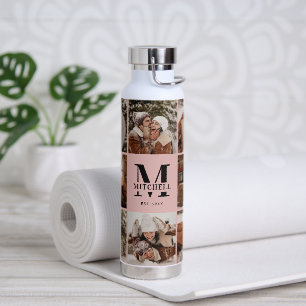 Elegant Pink Personalised Monogram & Photo Collage Water Bottle