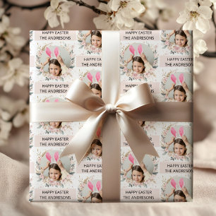Elegant Pink Personalised Photo Happy Easter Wrapping Paper