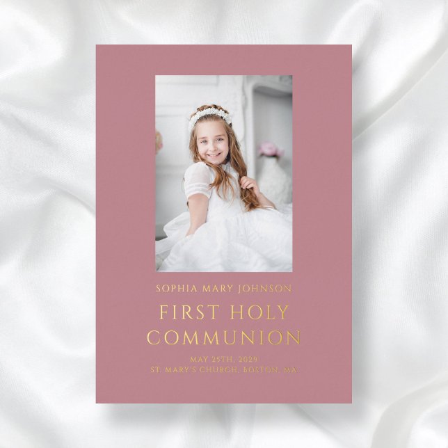 Elegant Pink Photo Girl First Communion Gold (Elegant Pink Photo Girl First Communion Gold Foil Invitation)