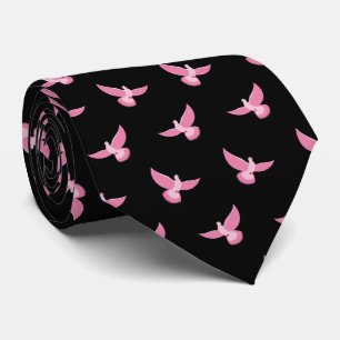 Elegant Pink Pigeon on Black Seamless Pattern Tie