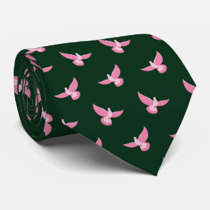 Elegant Pink Pigeon on Dark Green Seamless Pattern Tie
