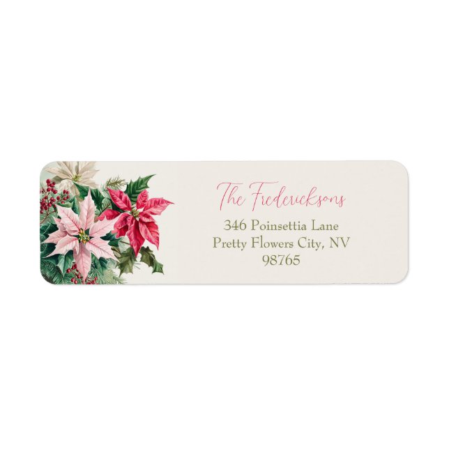 Elegant Pink Poinsettias Christmas Return Address  Label (Front)