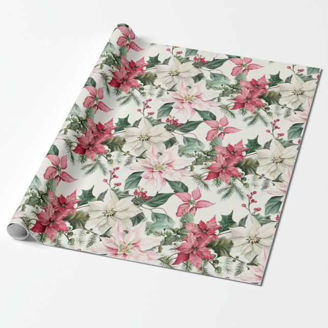 Elegant Pink Poinsettias Christmas  Wrapping Paper (Unrolled)
