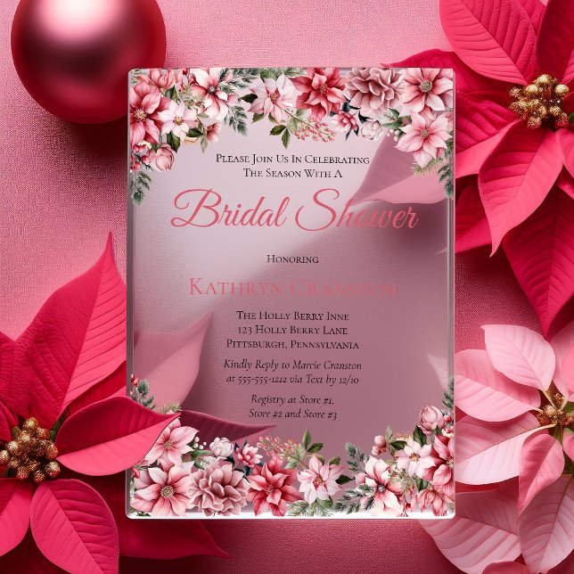 Elegant Pink Poinsettias Floral Bridal Shower Acrylic Invitations (Elegant Pink Poinsettias Floral Winter Bridal Shower Acrylic Invitations)