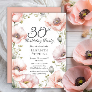 Elegant Pink Poppies Floral 30th Birthday Party Invitation