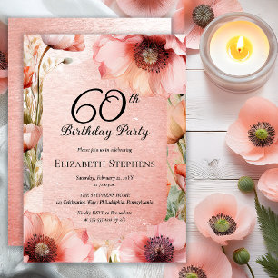 Elegant Pink Poppies Floral 60th Birthday Party Invitation