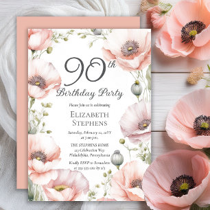 Elegant Pink Poppies Floral 90th Birthday Party Invitation