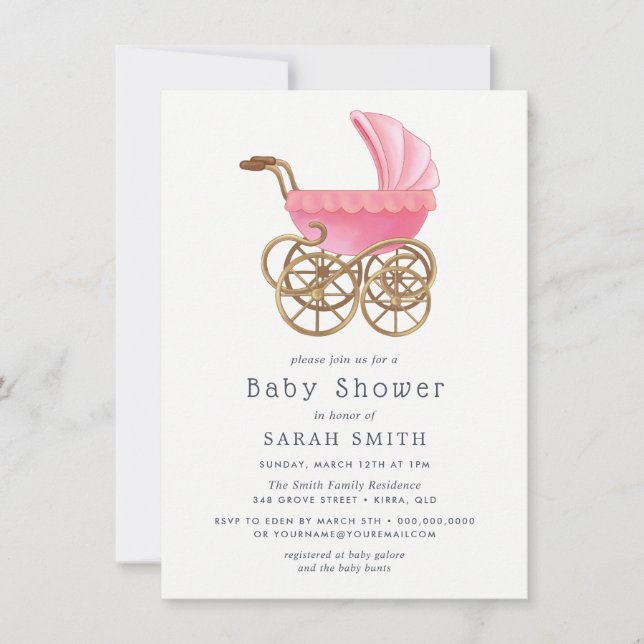 Elegant Pink Pram Girl  Vintage Baby Shower Invite (Front)