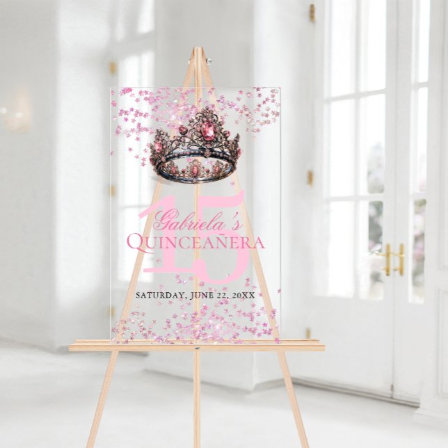 Elegant Pink Princess Crown Quinceanera Welcome Acrylic Sign (Elegant Pink Princess Crown Quinceanera Welcome Acrylic Sign)