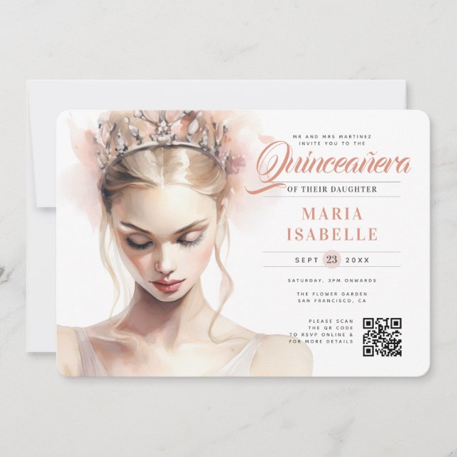 Elegant Pink Princess QR Code Quinceañera Invitation (Front)